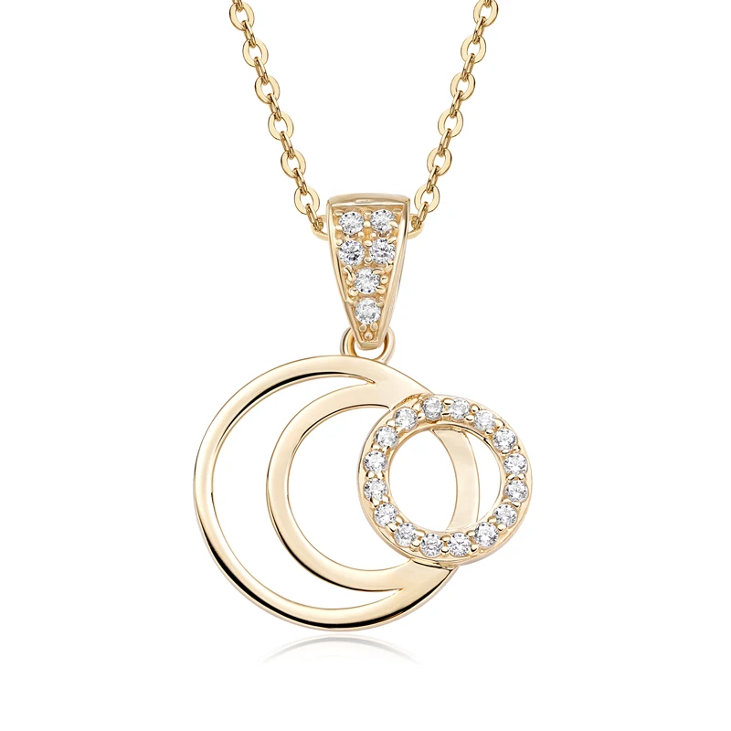 

Raprgold 14K Solid Gold Cubic Zirconia Circle Pendant with 925 Silver Link Chain 20'' Three-ring Round Necklace