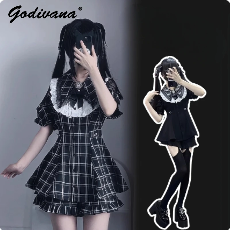 

Japanese Mine Y2K Subculture Summer Autumn Women's Short/long Sleeve Lace Bow Plaid Dress Shorts Set Girls JK Lolita Outfits