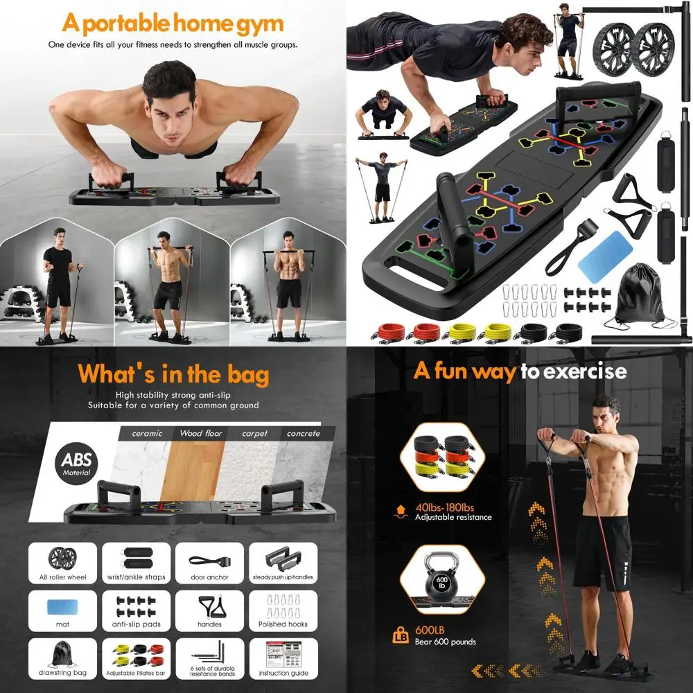 

Portable Home Gym Set: Push Up Board, Pilates Bar, Ab Roller, and 20 Resistance Bands for Full-Body Workouts