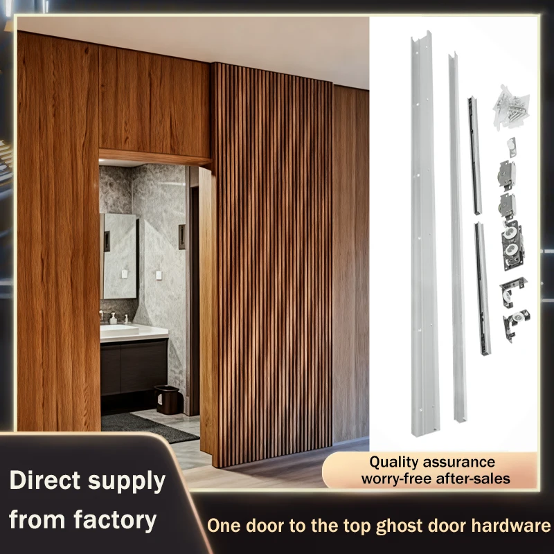 Full Height Trackless Ghost Door Sliding Hardware Set Concealed Track Dual Soft Close For Floor To Ceiling Bathroom Installation