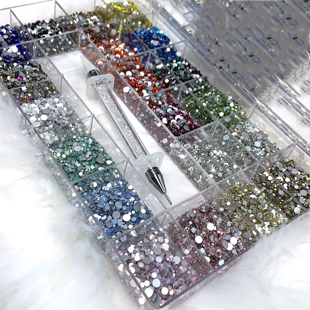 14400Pcs Colorful Mini Round Crystal RhinestonesMixed-Size SS6-SS20 Nail Glitter Diamond With Double-Head Pick Pen Boxed Crystal