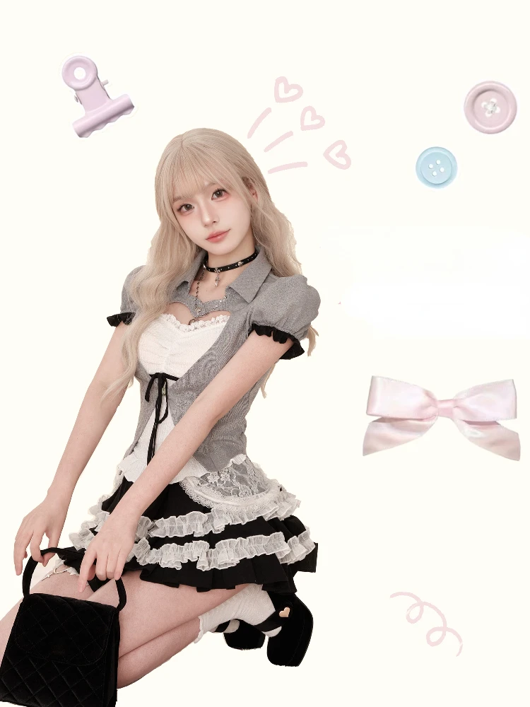 2024 Summer Japanese Sweet Slim 3 Piece Set Women Causal Y2k Cardigan + Kawaii Cute Vest +  Elegant Lace Mini Cake Skirt New