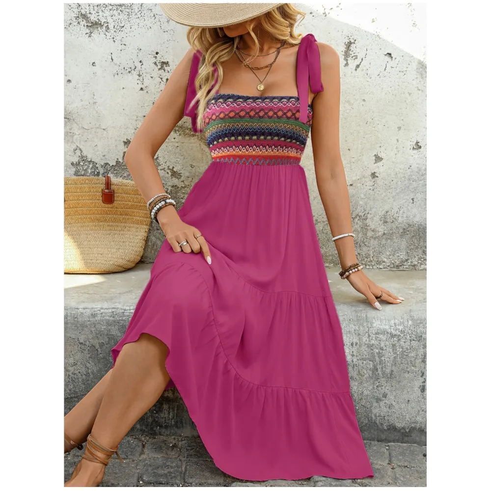 موضة سوينغ المرقعة العرقية نمط المرأة فستان الرسن صيف جديد سليم وأنيق الإناث البوهيمي الشاطئ فساتين وهمية 2025 #6