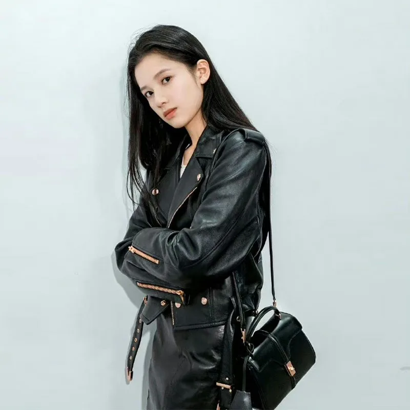 

New Locomotive Black Genuine Leather Jacket Women Real Sheepskin Slim Inclined Zipper Short Fashionable Belt Decoration Coat