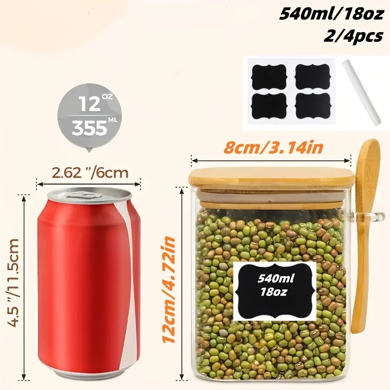 2/4Pcs-540Ml Kitchen Glass Spice Jars, Glass Containers with Bamboo Lids, Square Food Storage Containers, Overnight Oats Containers, Suitable for Kitchen Spices, Grains, Tea, Coffee, Yogurt Containers with Spoons (Delivery Includes Waterproof Labels, Whiteboard Markers)