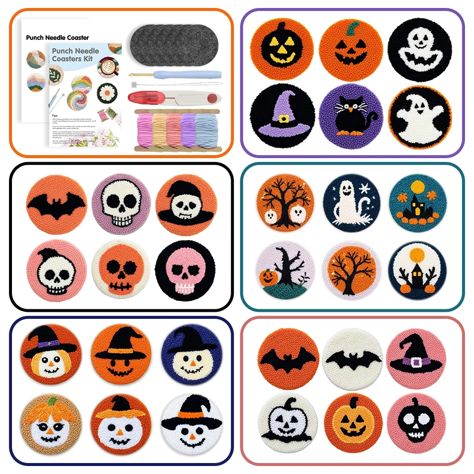 

GATYZTORY Punch Needle Coaster Embroidery Kit For Beginners Halloween Cross Stitch Kits Coasters For Cups Diy Personalized Gift