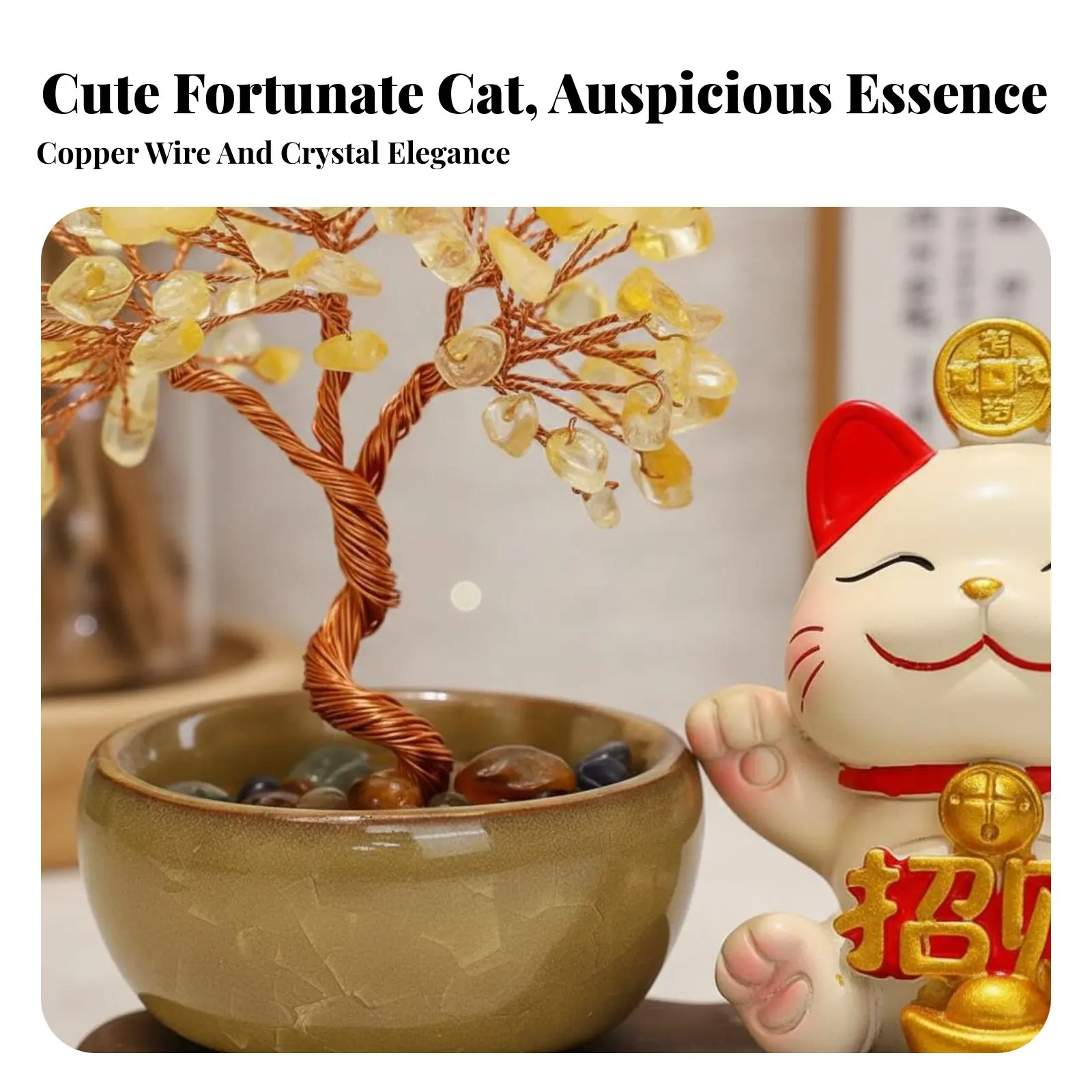 Fortunate Cat Crystal Tree Decoration Chinese Chic Design Beckoning Cat Wealth Tree Figurine Beckoning Cat Statue Good Luck view 3