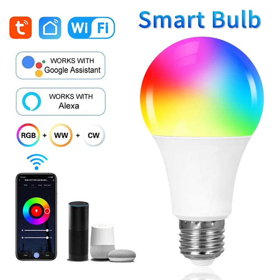 

Умные Wi-Fi LED-лампы Tuya 220В/110В 20Вт/15Вт/10Вт с управлением через приложение, E27, совместимые с Alexa, Google Home, Алиса, Echo, для декора интерьера