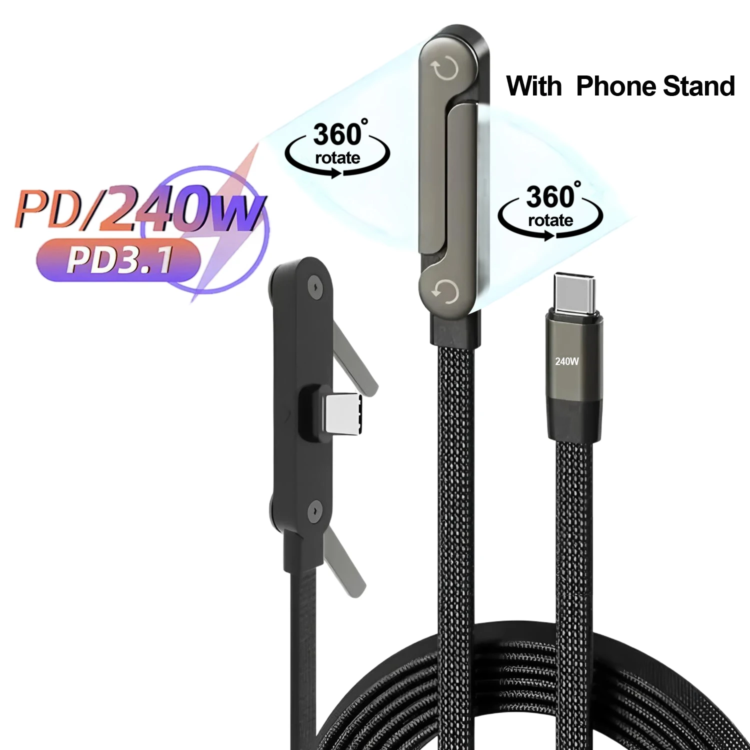 240W 2-in-1 Foldable Stand Braided Cable Type-C to USB-C Fast Charging for Phones/Laptops