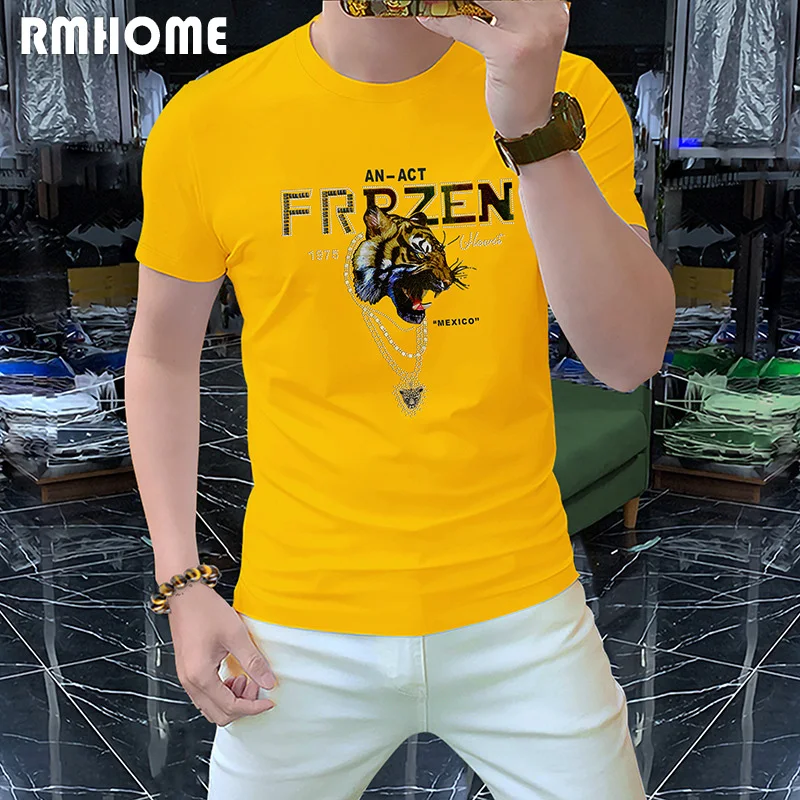 Men\'s Short Sleeved T-shirt Mercerized Cotton Sequin Gold Necklace Tiger Head Male Tees Summer New Style European Fashion Tops