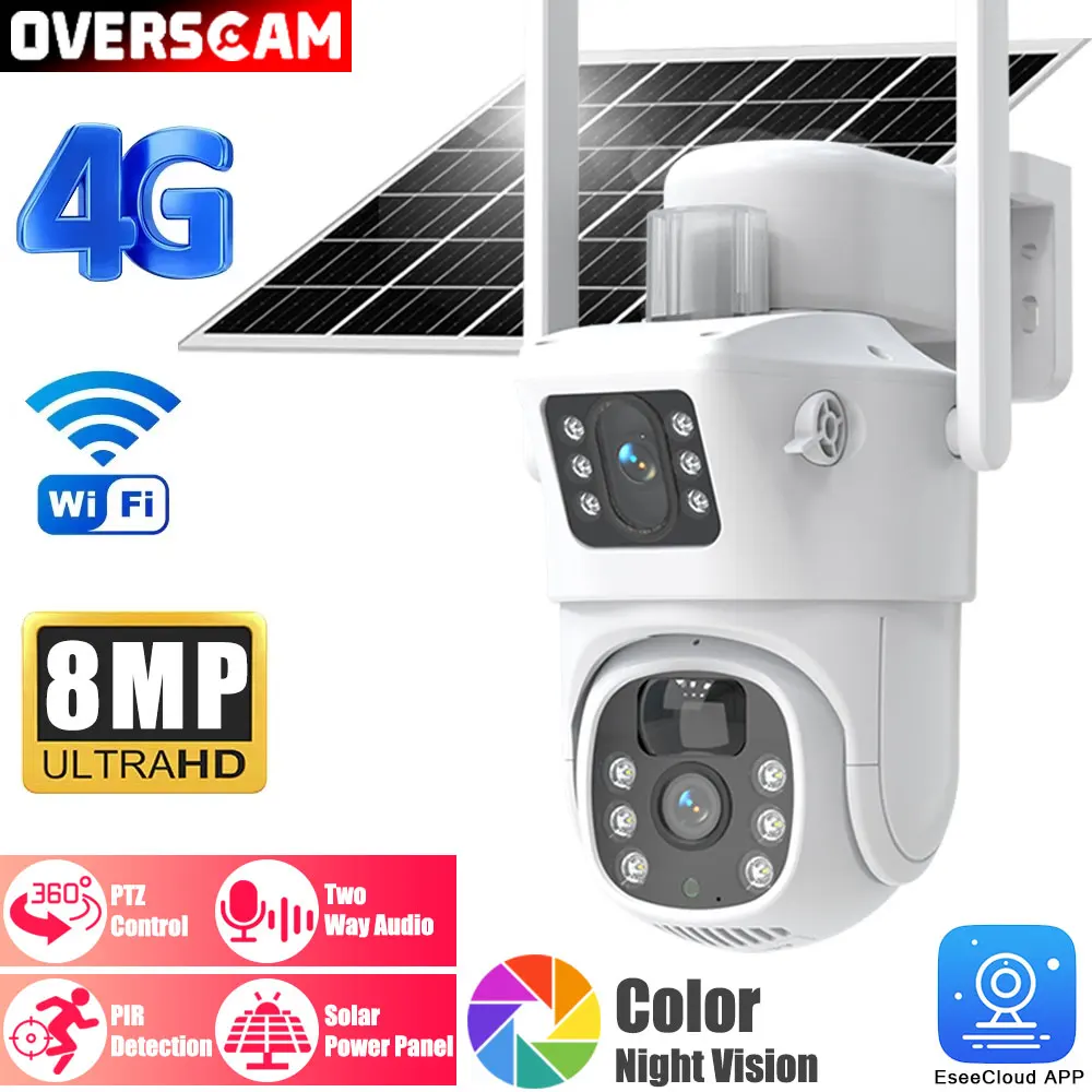 4K 8MP WIFi/4G Sim Card Solar Camera Outdoor Battery PTZ IP Camera Dual Lens Surveillance Camera EseeCloud Security Protection