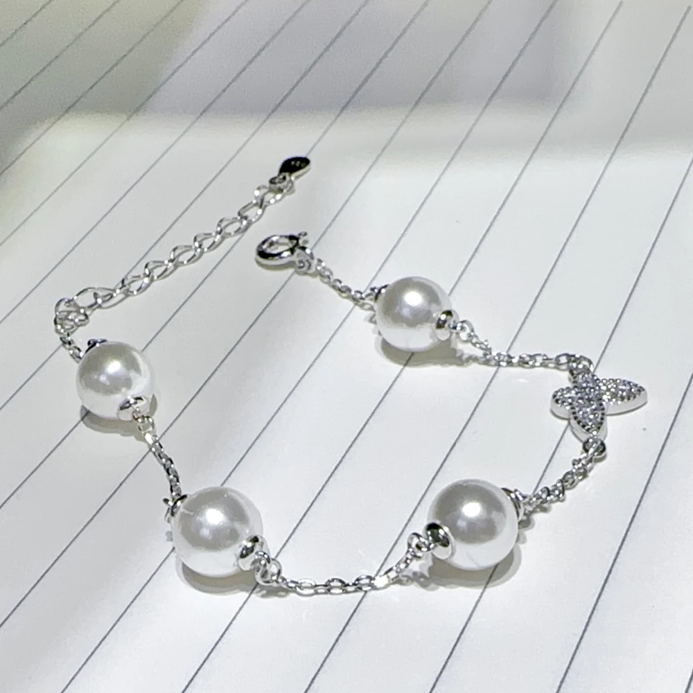 Natural Pearl Bracelet AAAA7-8mm Japanese Round Pearl Butterfly Bracelet 925s