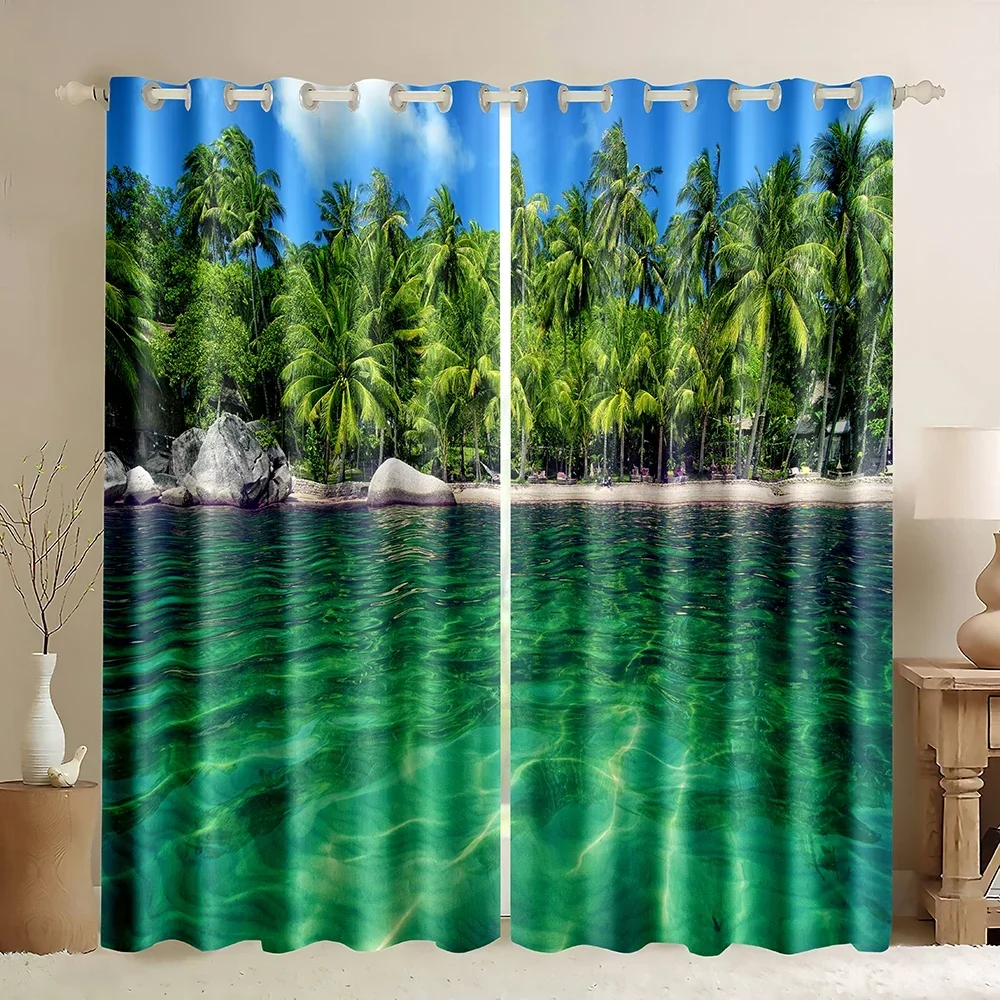 Tropical Island Blackout Curtains,Ocean Palm Tree Window Curtains Tropical Beach Theme  Sea Island View Print Window Drapes