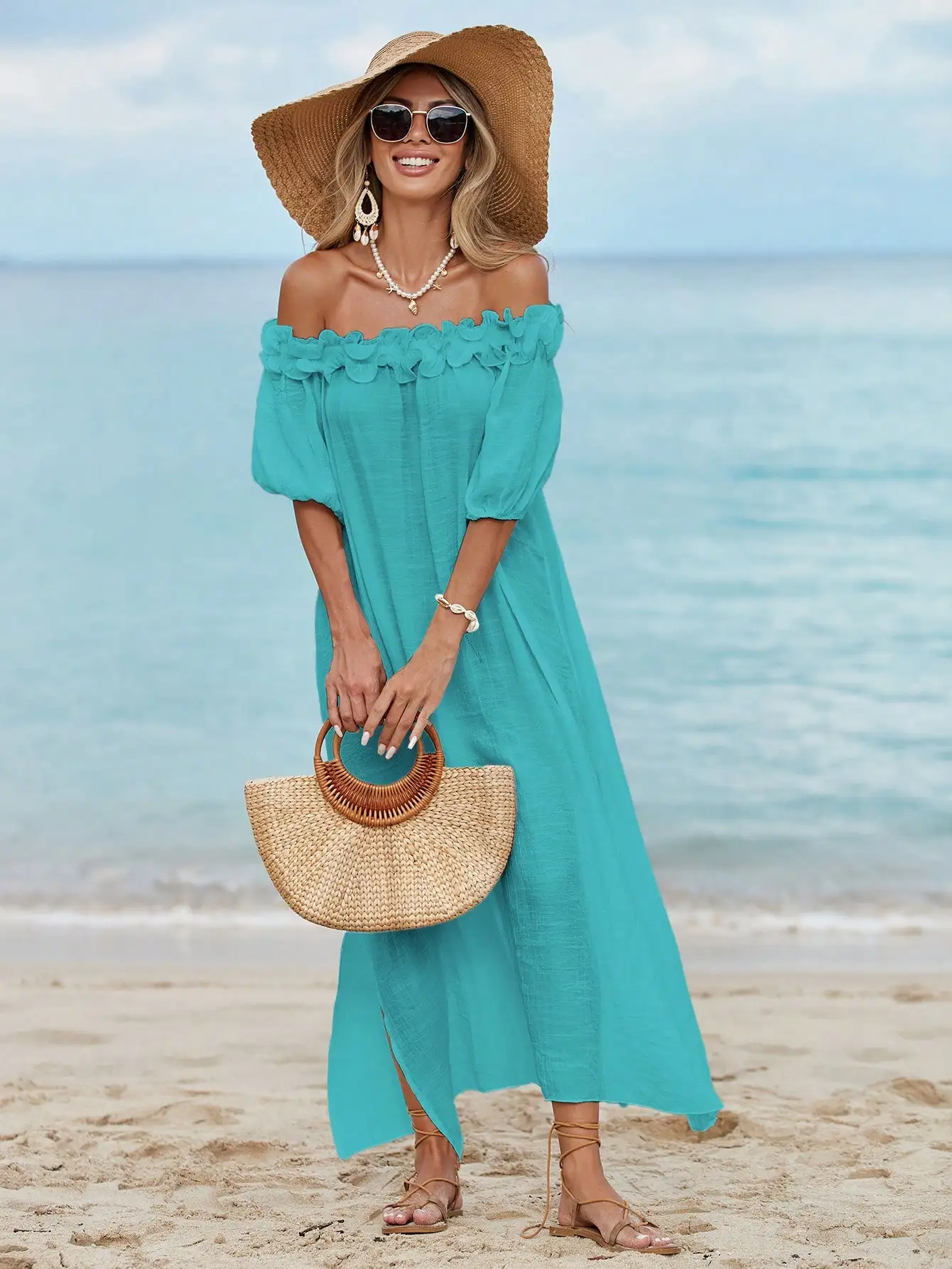 

Женское летнее пляжное платье миди с рюшами на плечах, сексуальное пляжное платье, свободное платье с рукавами-фонариками и разрезом для гостей на свадьбу