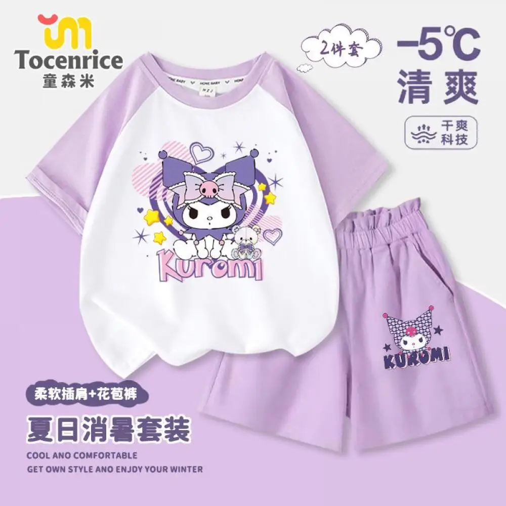 

Sanrio Kuromi комплект с короткими рукавами для девочек My Melody, летняя детская футболка, шорты, штаны с цветочным бутоном, спортивные костюмы с героями мультфильмов, детский комплект
