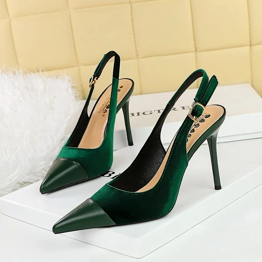 

Women's High Heels Ladies Shoes Shallow Mouth Velvet Thickened Suede Panel Pointed Hollow Back Strap Single Shoe Women Pumps