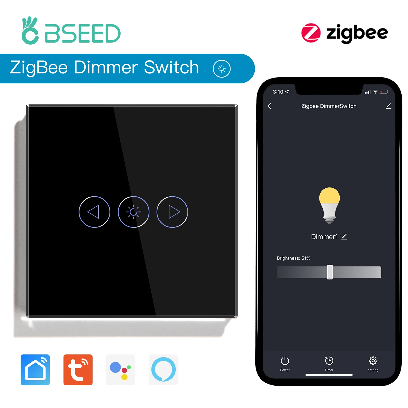 BSEED Zigbee dimmeren Tuya APP-bediening Smart LED dimbaar serie glas Google Alexa Smart Dimmer Touch-schakelaars Zwart - afbeelding 1