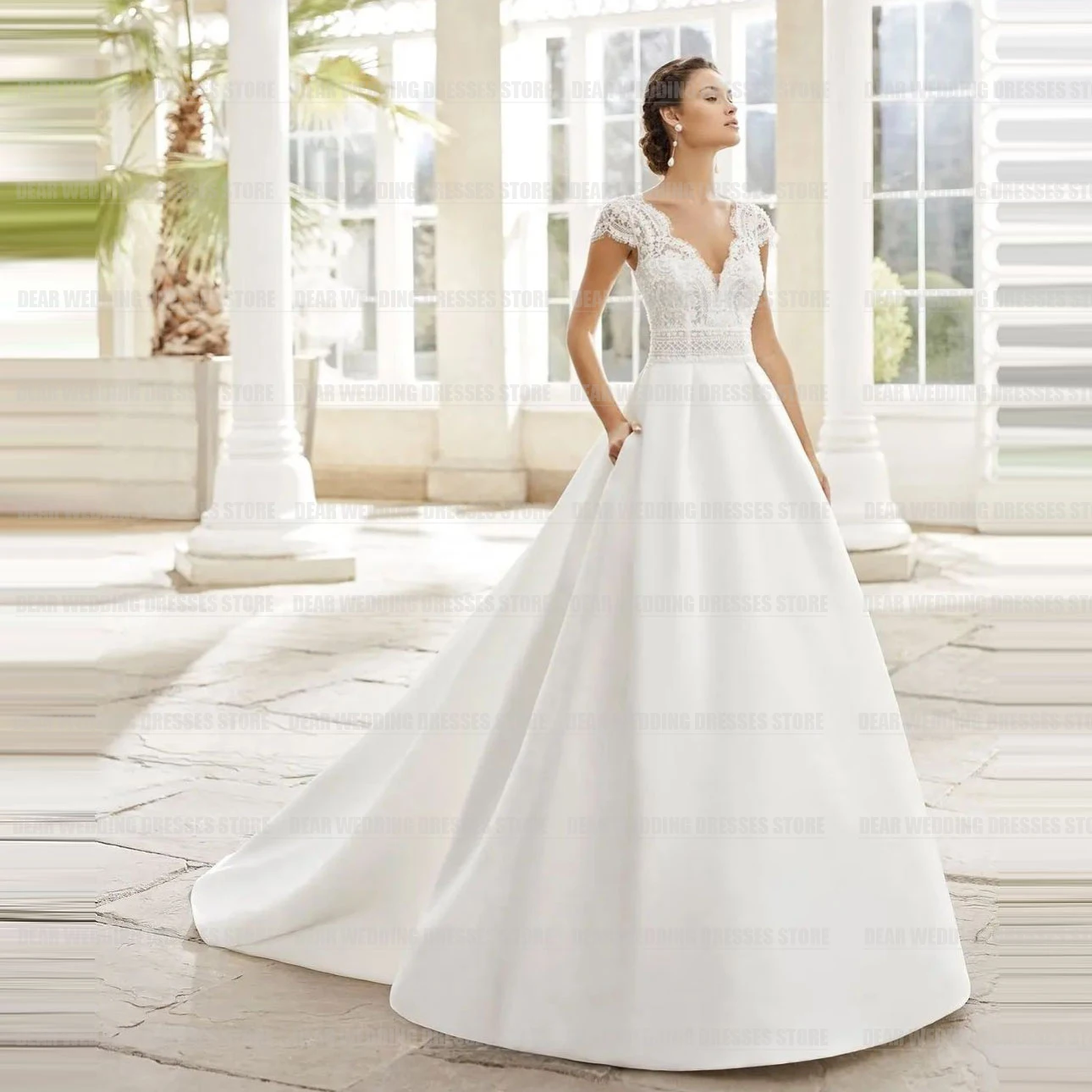 Vestidos de casamento simples para mulheres, vestidos de noiva elegantes, sexy com decote em v, aplique ilusório, sem encosto, trem varredor, estilo boêmio