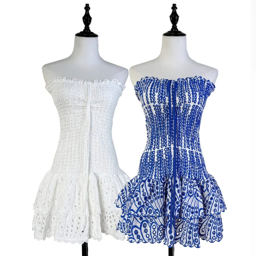 

Women Summer Halter Strapless Slim Fit Casual Mini Short Dresses Embroidery Hollow Out Ruffles Hem Cute Streetwear Dress