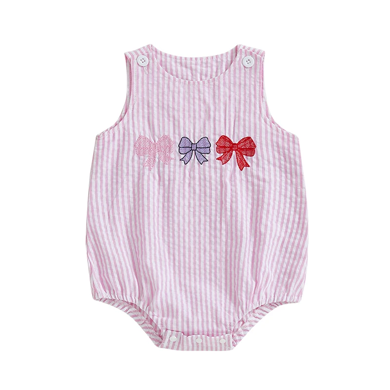 아기 소녀 여름 달콤한 Romper 유아 민소매 라운드 넥 보우 자수 스트라이프 Romper