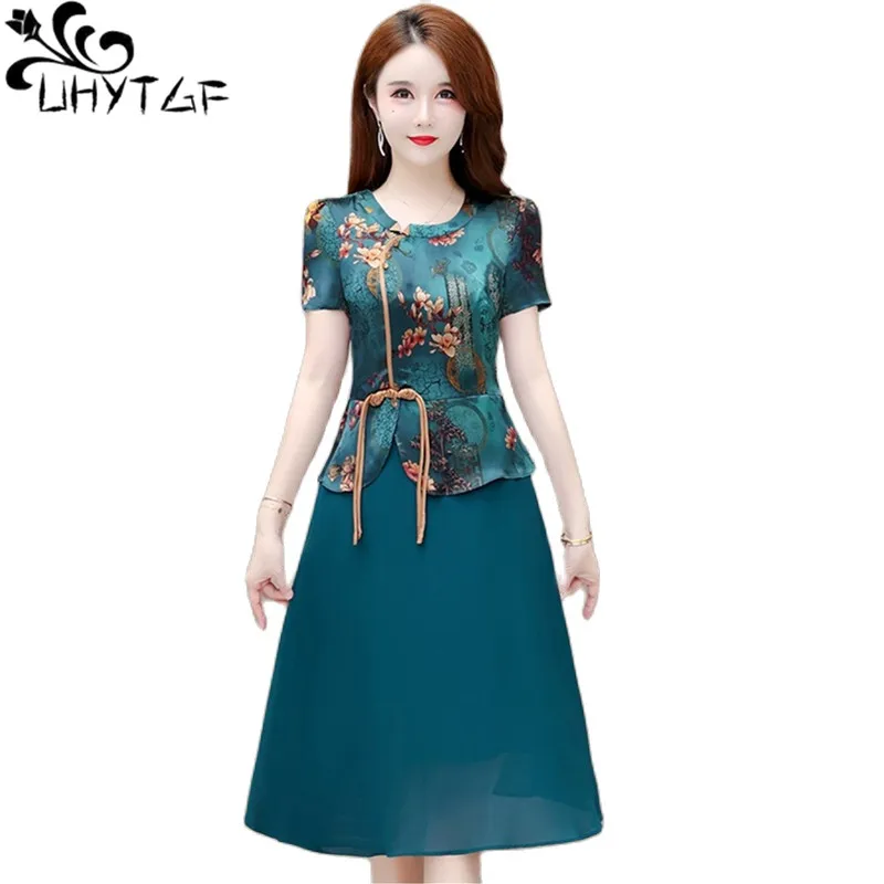 

UHYTGF Print Fake Two-Piece Summer Dress Women's Stitching Satin Vintage Thin Chiffon Dresses Female Elegant Mom Clothes 4XL 71