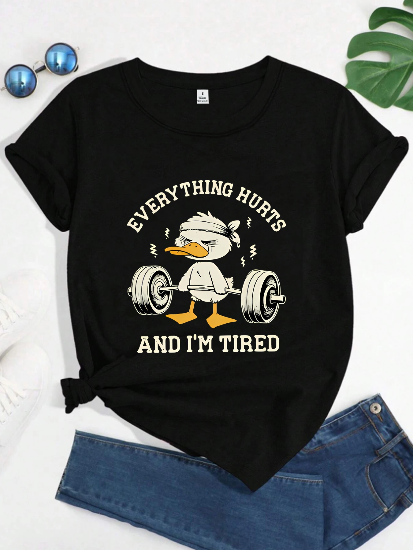 

Duck plays barbell Plus size women's round neck short sleeve T-shirt with elastic half sleeves and trendy prints