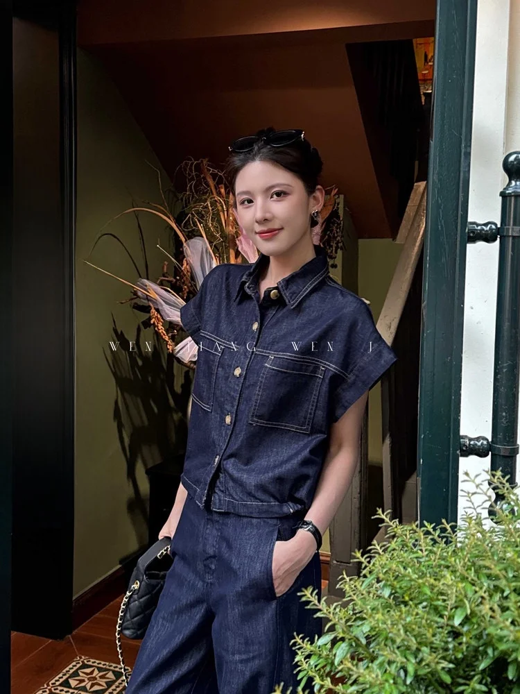 

Классический жилет-куртка с отложным воротником из оригинального денима для женщин, легкая летняя верхняя одежда из смесового хлопка во французском стиле