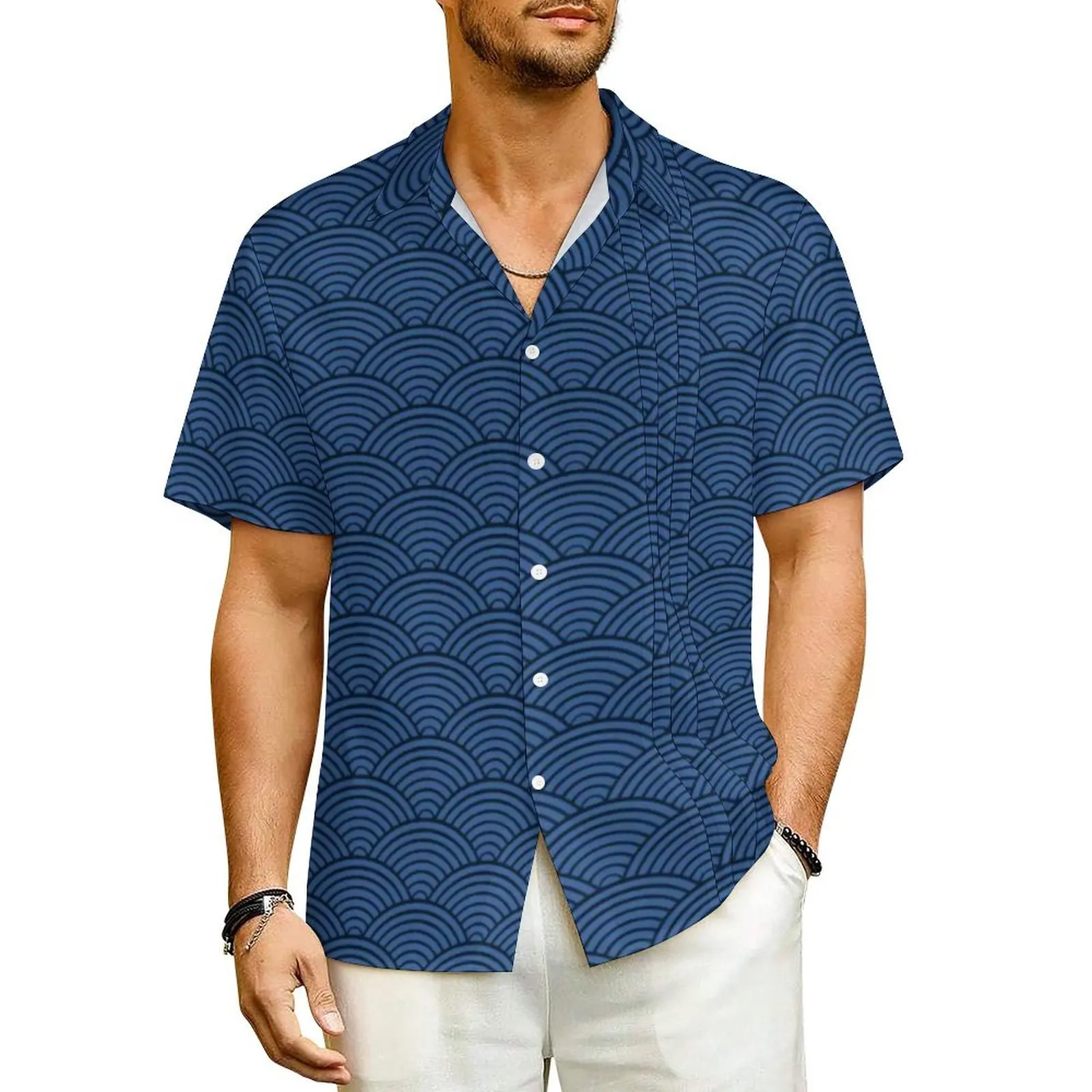 Retro Blue Seigaiha Casual Shirt Japanese Wave Loose Hawaiian Shirts Male Short Sleeve Beach Streetwear Design Oversize Blouses