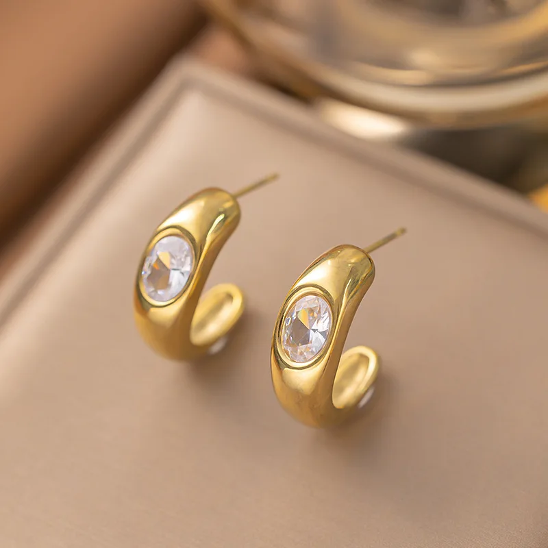 Pendientes gruesos de acero inoxidable chapados en oro para mujer, pendientes irregulares de circón de perla pavimentada, joyería de declaración gruesa, nuevo