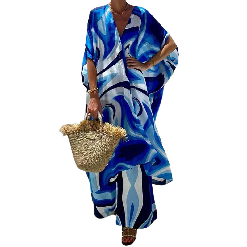 Women's New Fashion Casual Bat-sleeved Long-sleeved Shirt Wide-leg Trousers Tie-dye Printed V-neck Single-breasted Two-piece Set