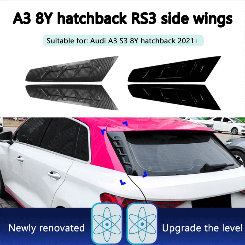 

Подходит для Audi A3 S3 8Y 2021+ (версия хэтчбек) с боковым спойлером RS3, наклейкой на кузов и аксессуарами для модификации.
