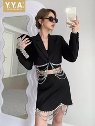 Women 2 Piece Set Fashion Party Luxury Crystal Chain Cropped Top Blazer Jacket High Waist Wrap Skirts Sexy Black Skirts Suits