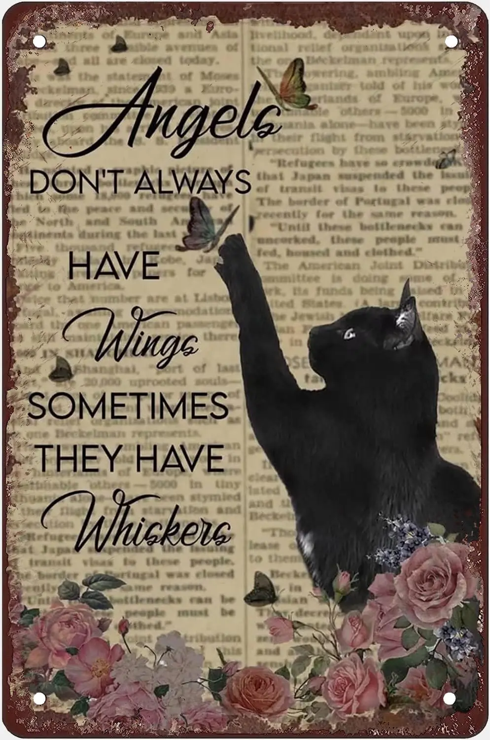 Tin Sign Angels Don't Always Have Wings Sometimes They Have Whiskers Floral Black Cat Cat Lovers Gift Vintage Metal Sign Pla