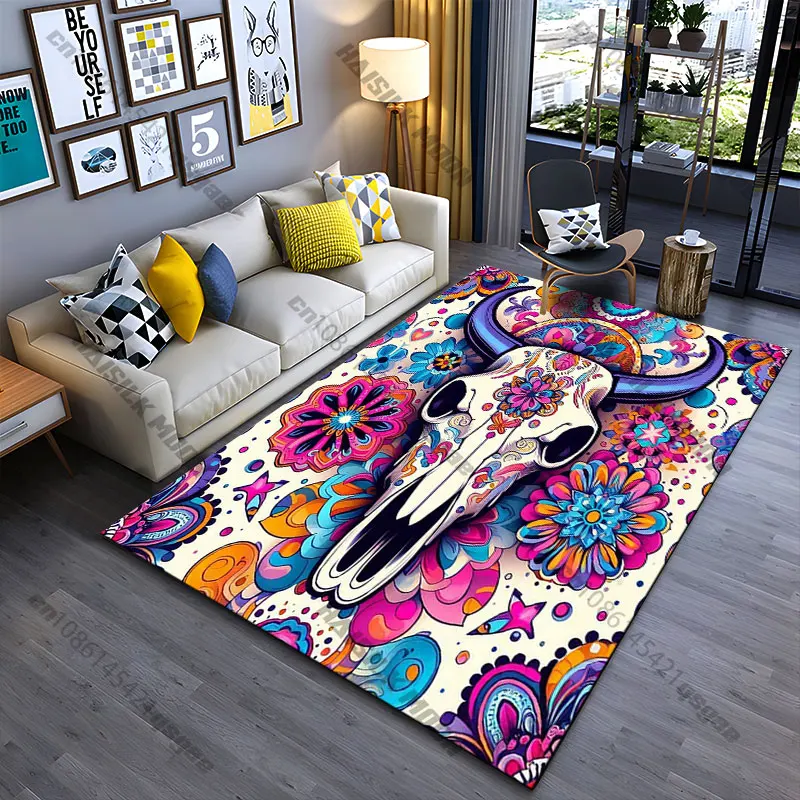 Colorful skull with floral patterns carpet Yoga living room room decor children's crawling mat doormat area rug games mat