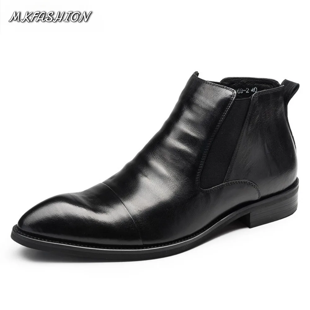 Fashion Pointed Toe Sleeve Men Leather Boots Elastic Band Korean Style Mid Top Business Boots