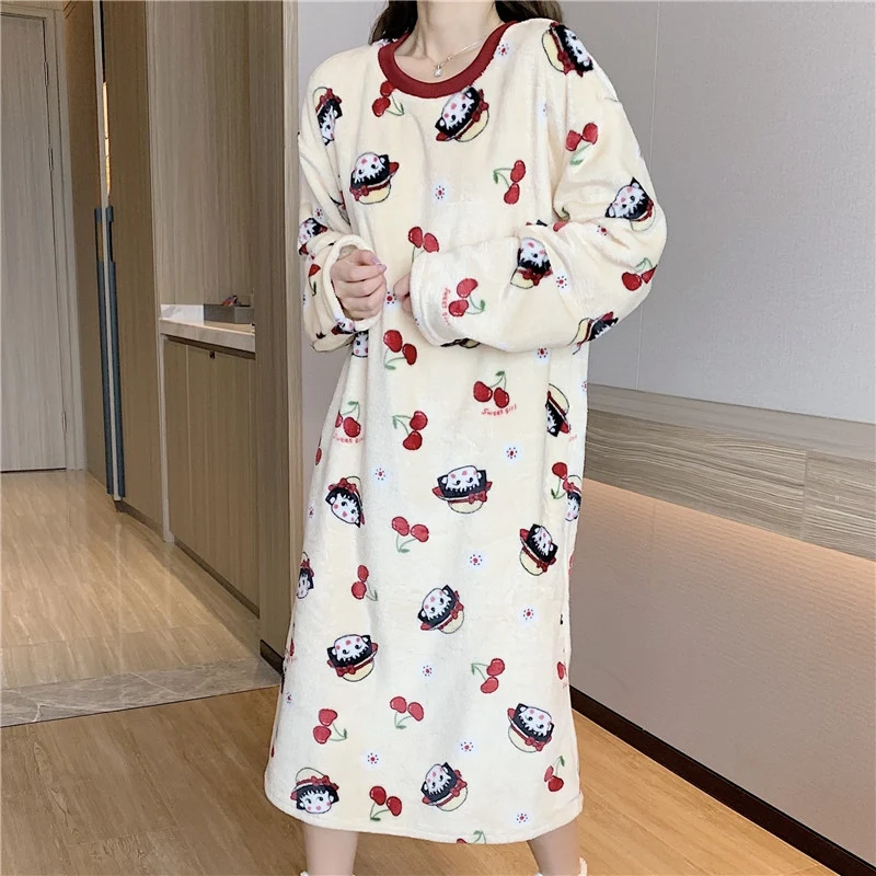 2024 Winter Long Sleeve Thick Warm Flannel Nightgowns for Women Casual Striped Coral Velvet Nightdress V-neck Night Dress Nighty