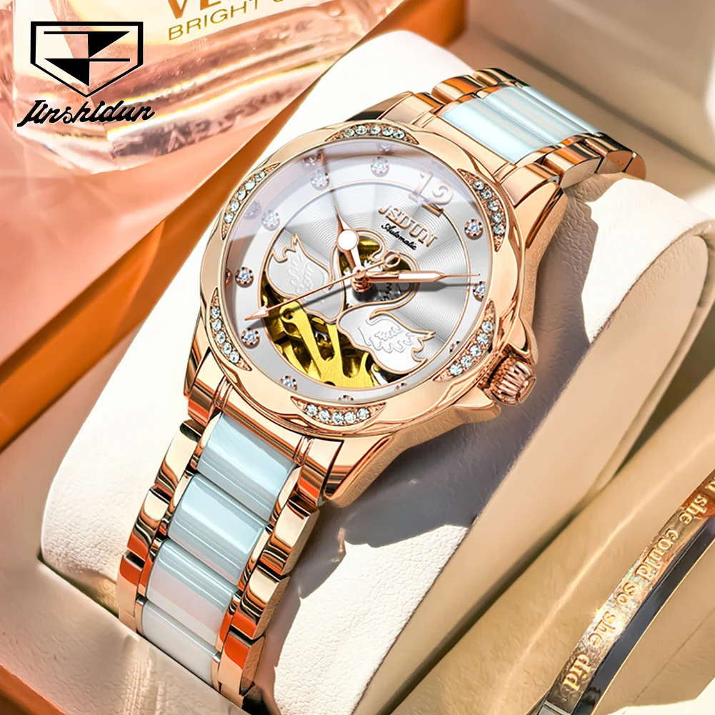JSDUN 8831 Women's Watch Waterproof Automatic Mechanical Watch For Women Ceramic Steel Strap Night Light Function Watch Women