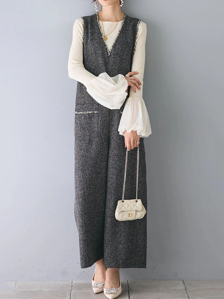 New V Neck Fringe Vest Jumpsuits Women Korean Fashion Sleeveless Wide Leg Romper Elegant Office Ladies Romper Overalls 2024 New