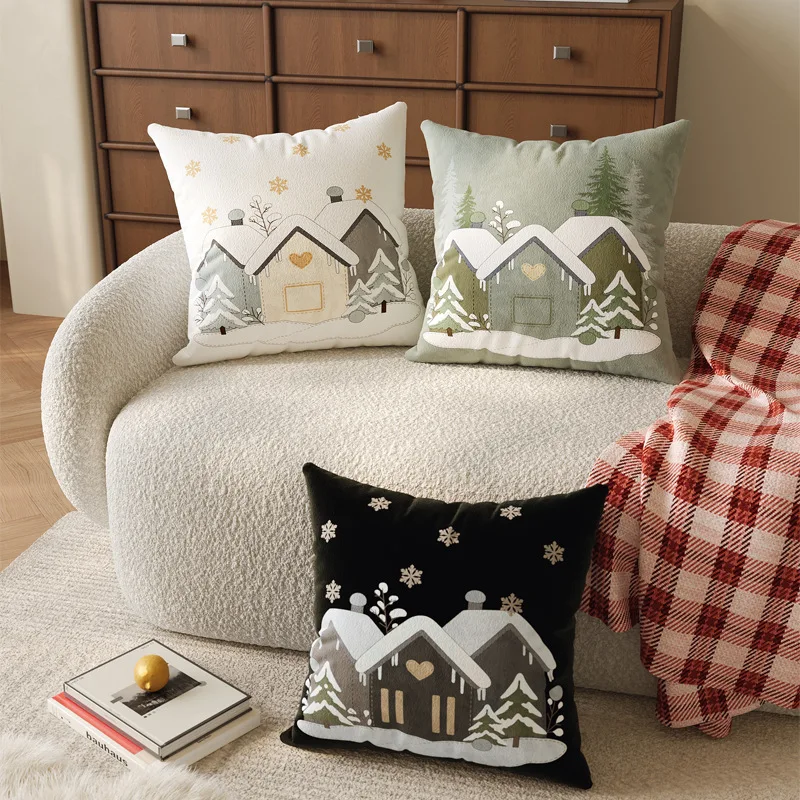 2-piece Christmas Snow House Printed Cushion Cover Soft Velvet Feel Pillow Case Holiday Party Decorative Throw Pillow Cover