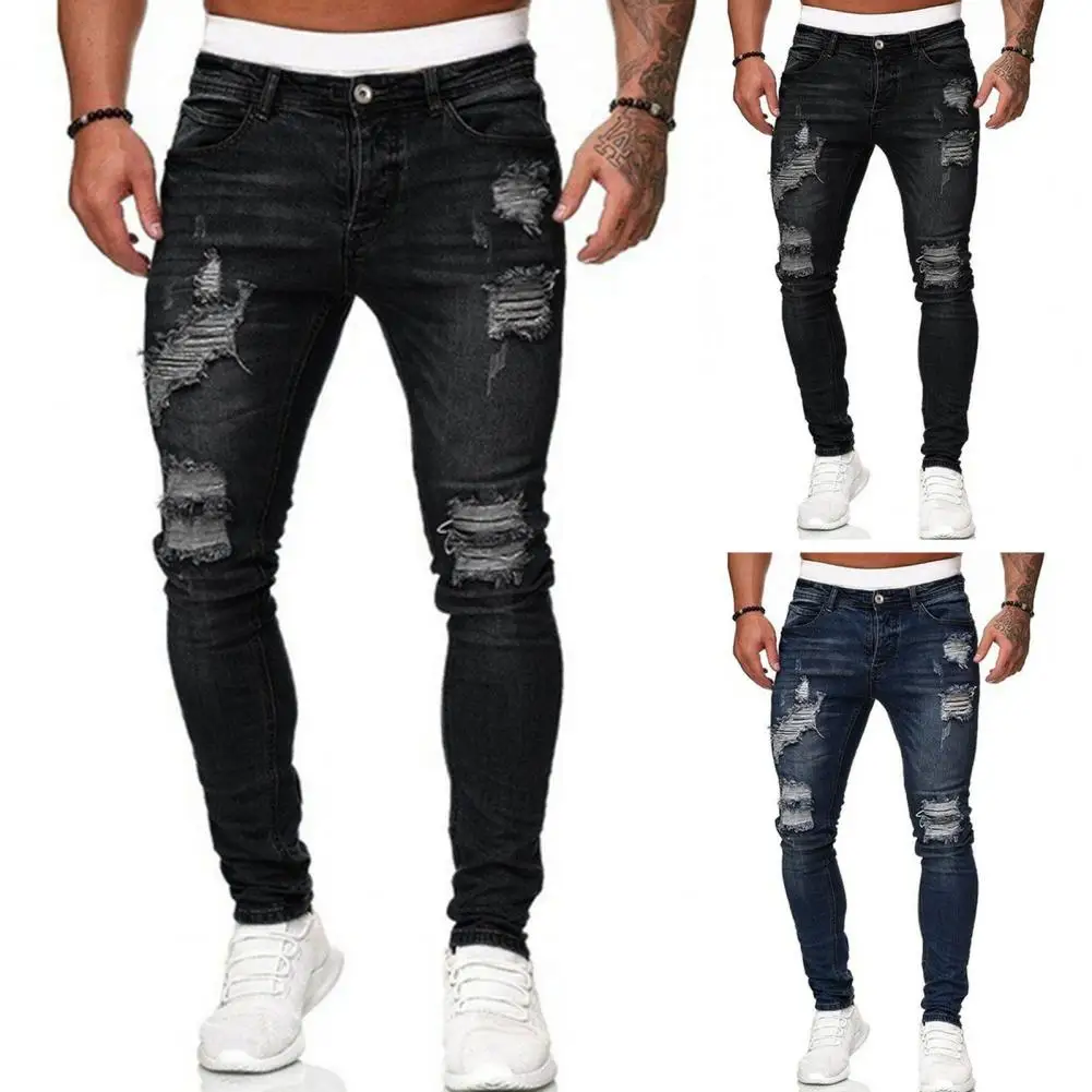 

Men Jeans Stylish Men's Ripped Jeans with Slim Fit Breathable Fabric for Hip Hop Streetwear Fashion Mid Waist Button Zipper