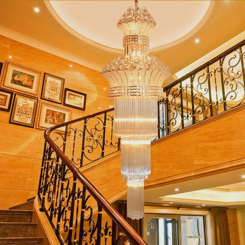 Chandelier stair light long gold living room building mid-floor light luxury