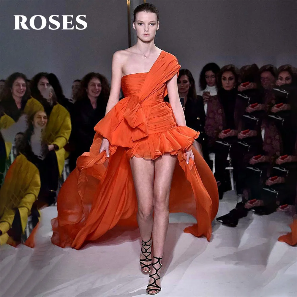 

ROSES Orange Elegant Prom Dresses One Shoulder Tulle Formal Gown with Pleats High and Low Evening Dresses For Woman Customized