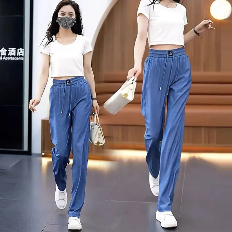 New Women Summer Ice Silk Wide-Leg Pants Thin Loose Straight Pants for Women Slim Fit Sports Pants Students Casual Style  Middle