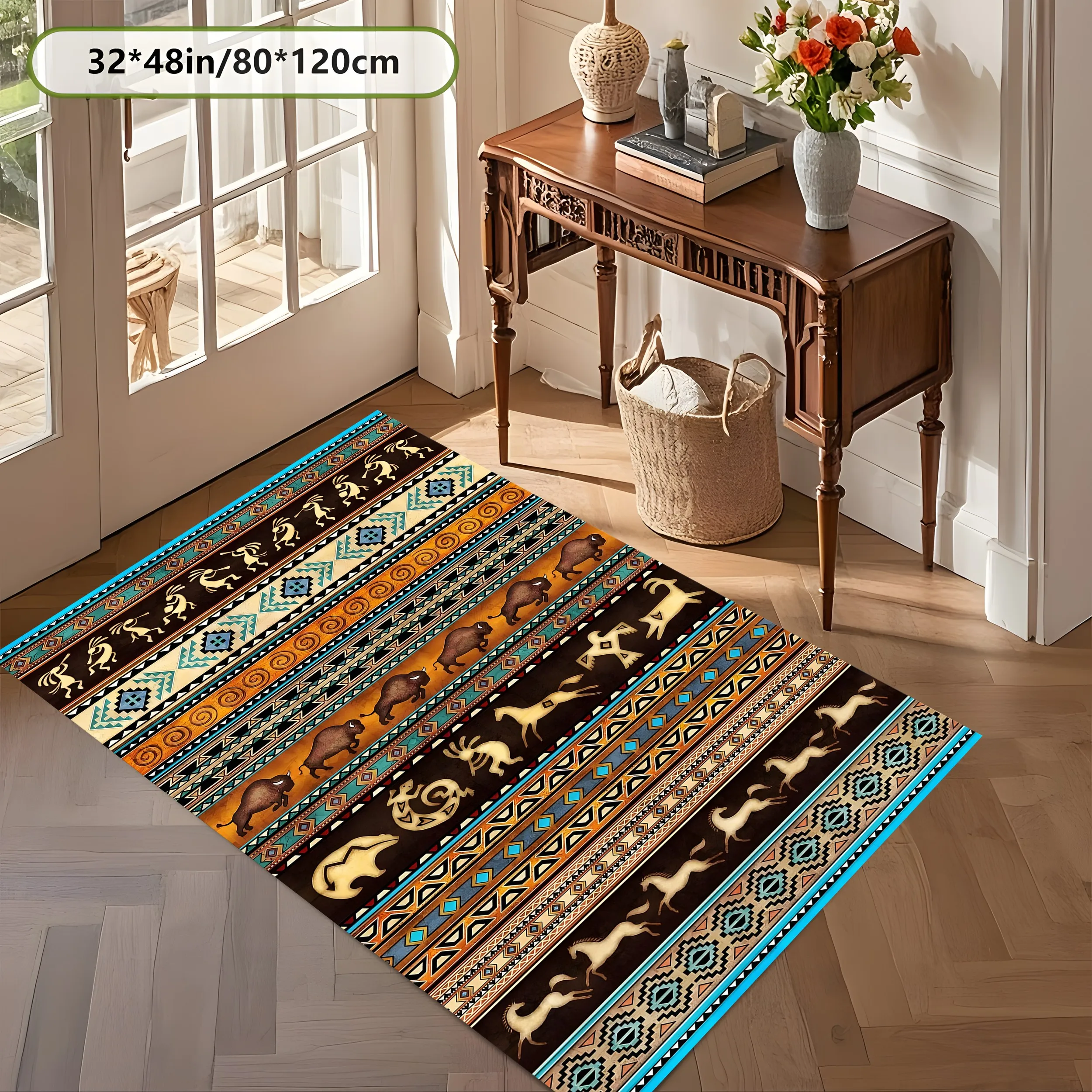 Large Area Rug with Ethnic Animal and Geometric Stripe Patterns, Vintage Exotic Style, Suitable for Living Room, Bedroom, Hotel