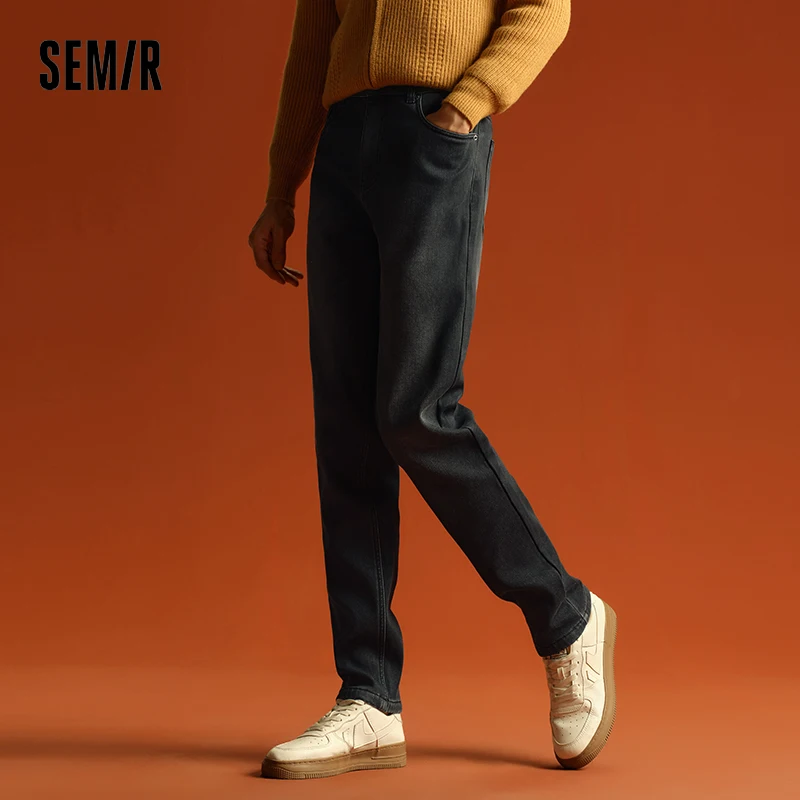 Semir Jeans Men 2024 Winter New Fleece Warm Long Pants Retro Distressed Tapered Pants