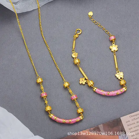 Monet Garden 9999 Enamel bent pipe bracelet necklace 24K real gold burning blue French chain bracelet