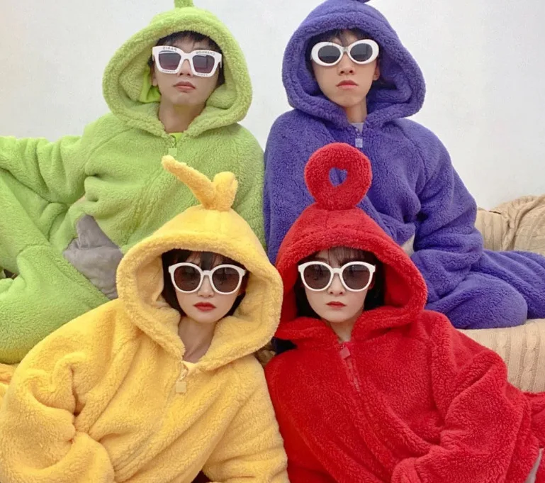 Adult Kids Teletubbies Costumes Soft Long Sleeves Piece Pajamas Costume Lala Home Clothes Cosplay Adult Unisex Party Wear