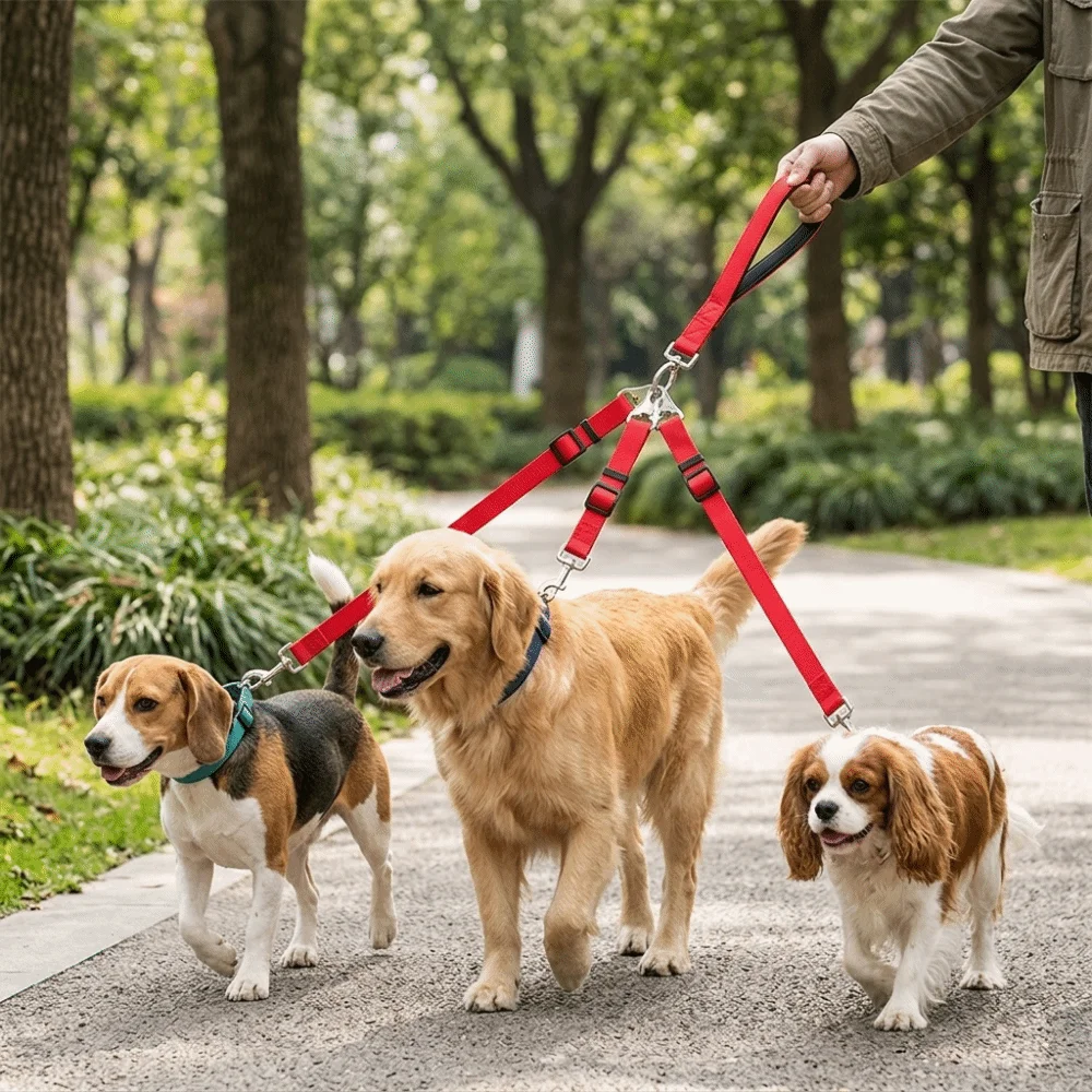 Robuste Nylon-Dreifach-Hundeleine Rot Verstellbares Hundegeschirr-Set Mehrfach-Hundeleine für Outdoor-Ausflüge