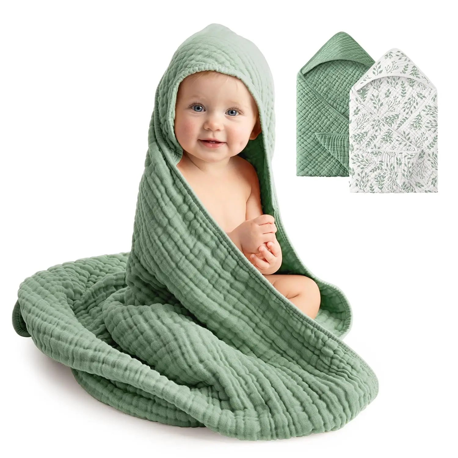 

Baby Bath Towels, 100% Muslin Cotton Hooded Towels for Newborn, 2 Pack, Large 32x32 Inch, Soft Absorbent Unisex Bath Essentials