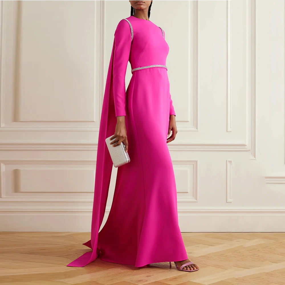 

Elegant Women's Evening Gown Mermaid Formal Party Dress Floor Length O Neck Saudi Dress Long Sleeves Beading Prom Dress